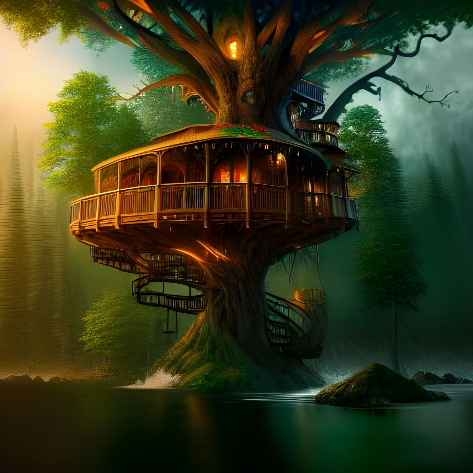 Majestic Treehouse in a Fantastical Landscape