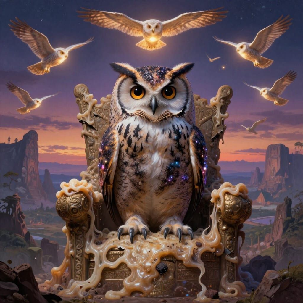 Cosmic Owl on Blubber Throne in Mythic Landscape