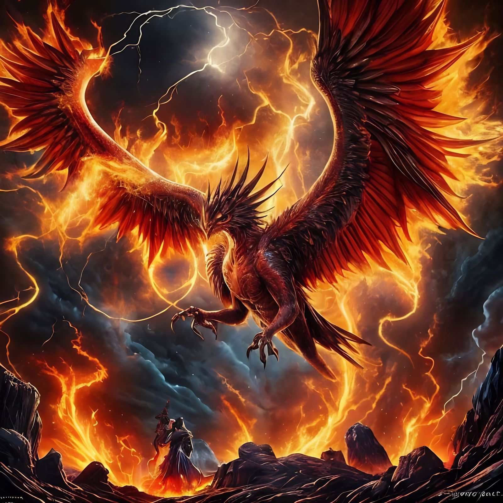 Majestic Twin Phoenix Ascends from Ashen Grave in Vibrant Ae...