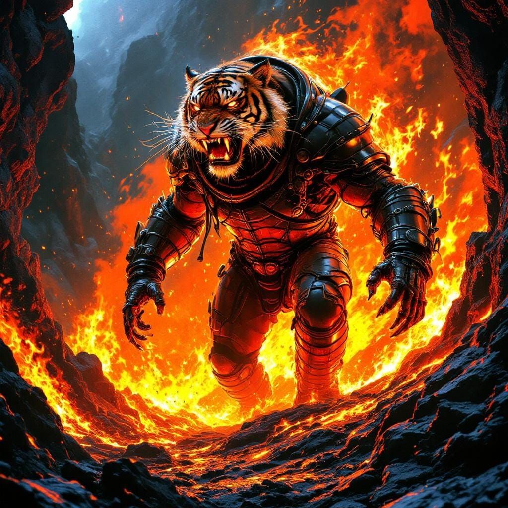 Armored Tiger Emerges from Blazing Underworld