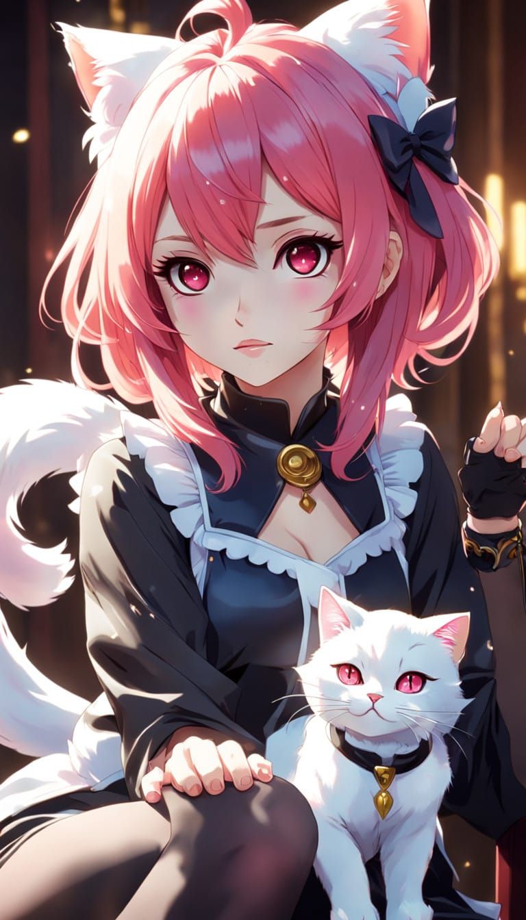 Enchanting Anime Portaiture with Feline Elegance in Cyberpun...
