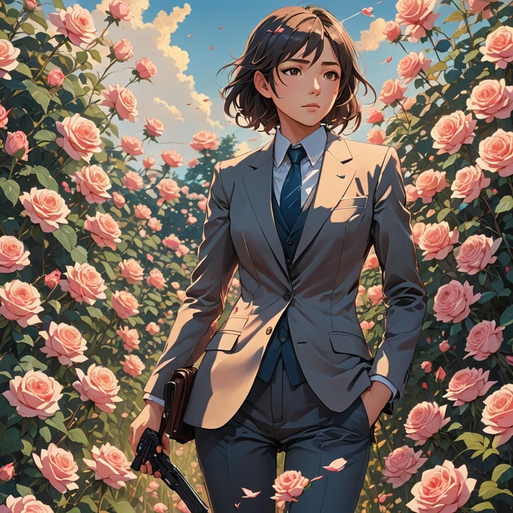 Woman in Roses: Anime Style Digital Illustration