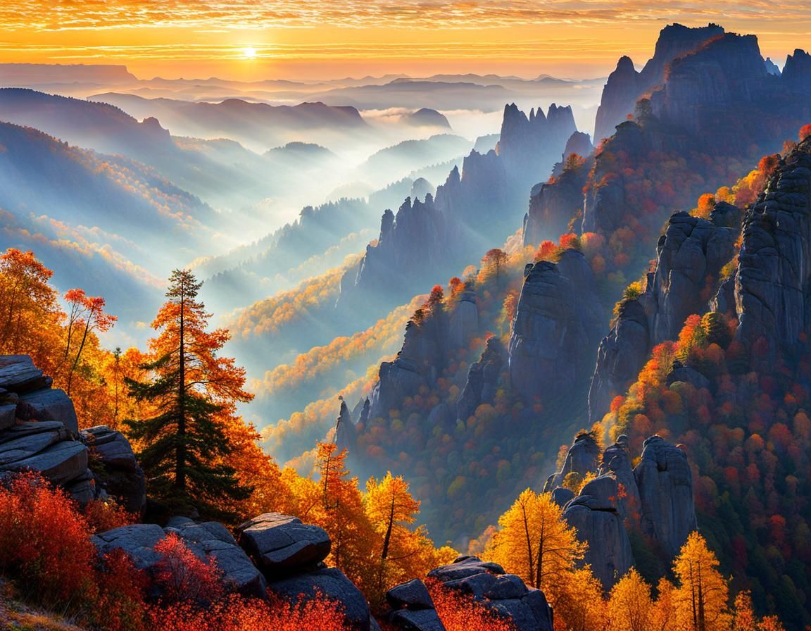 Elbe Sandstone Mountains in Fog, Art Nouveau Style