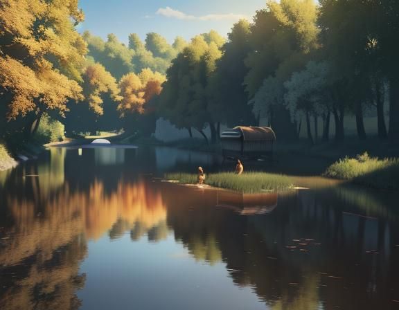 Children Bathing in Tarn River: Whimsical Illustration