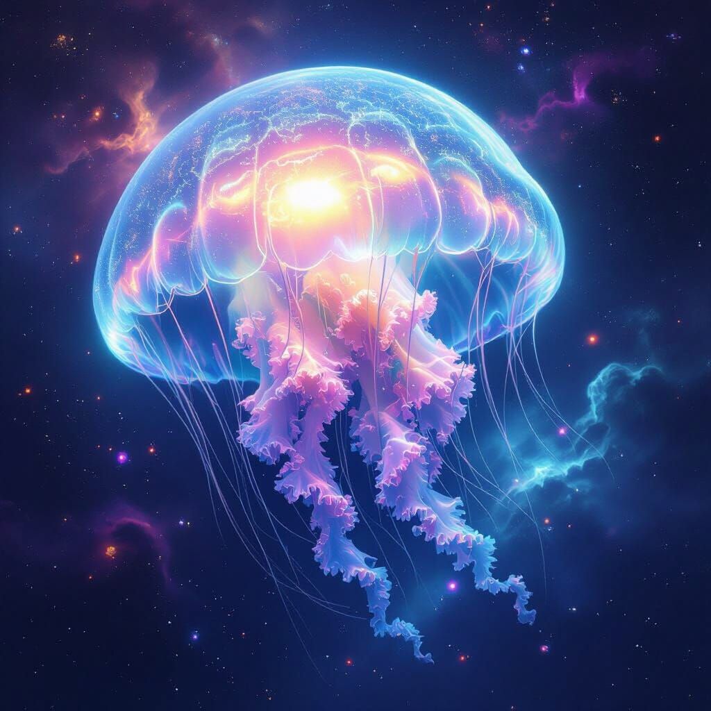 Bioluminescent Jellyfish Drifting Through Deep Space