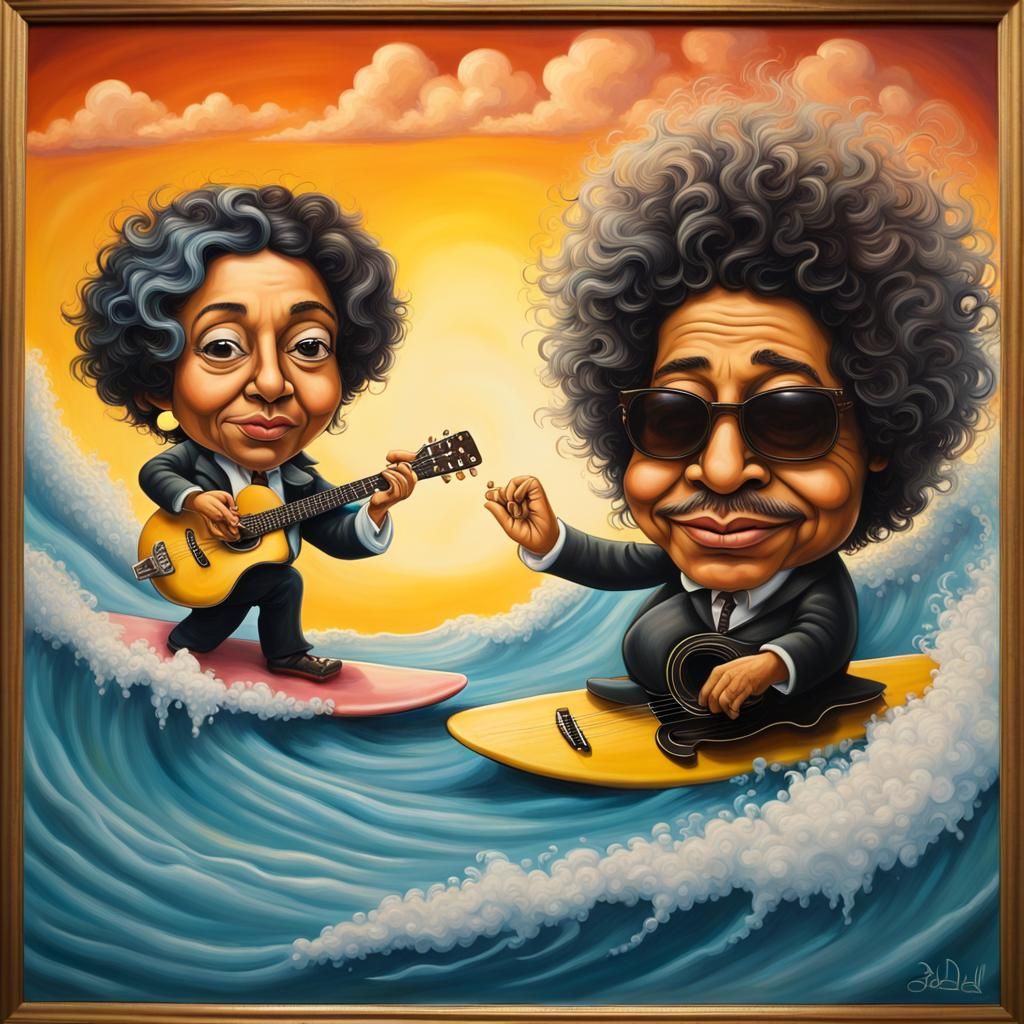 Chibi Bob Dylan and Aretha Franklin Surfing