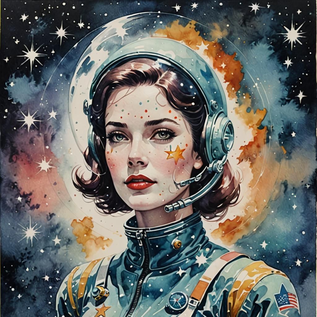 Sci-Fi Space Girl in Watercolor Double Exposure