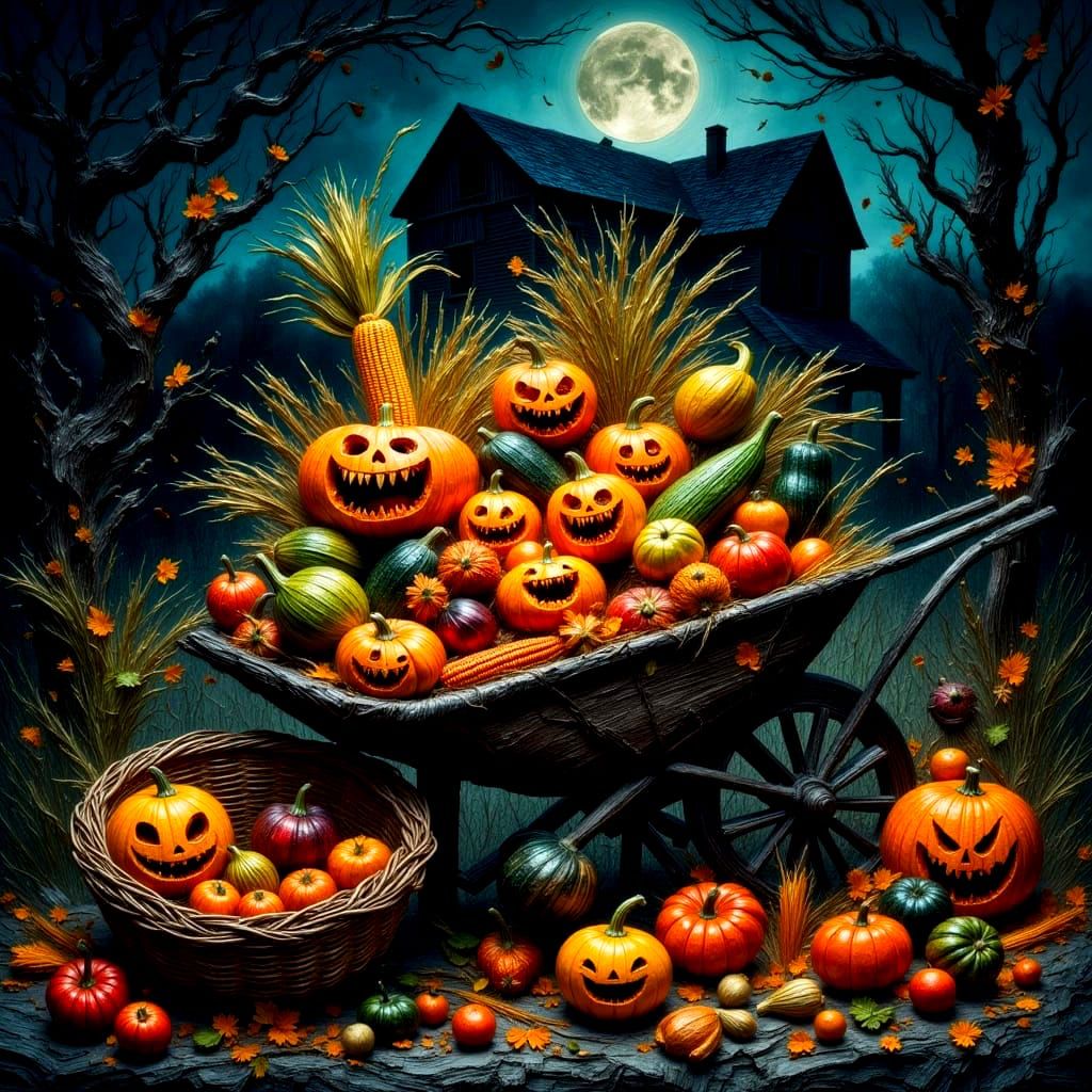Spooky Autumn Harvest Overflowing Wheelbarrow