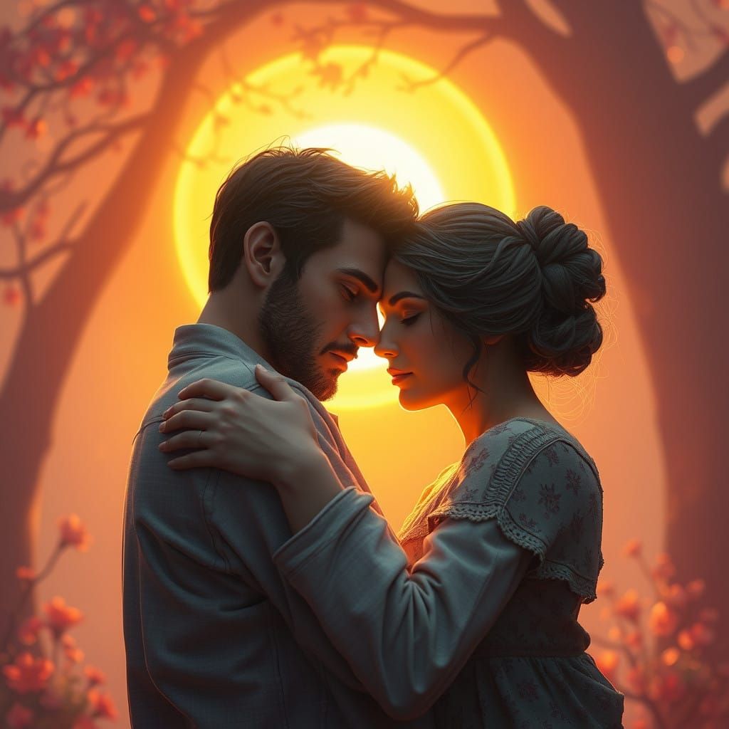 Man Finds Serenity in His Wife's Warm Embrace Amidst a Golde...