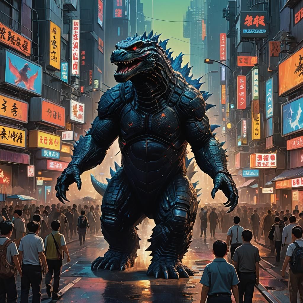 Godzilla Roams Neon City: Hyperrealistic Concept Art
