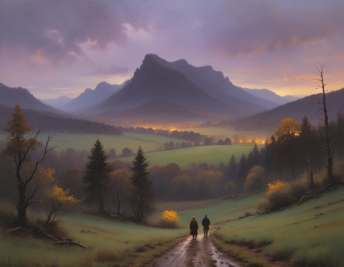 Twilight Valley Landscape in Romantic Oil Painting Style