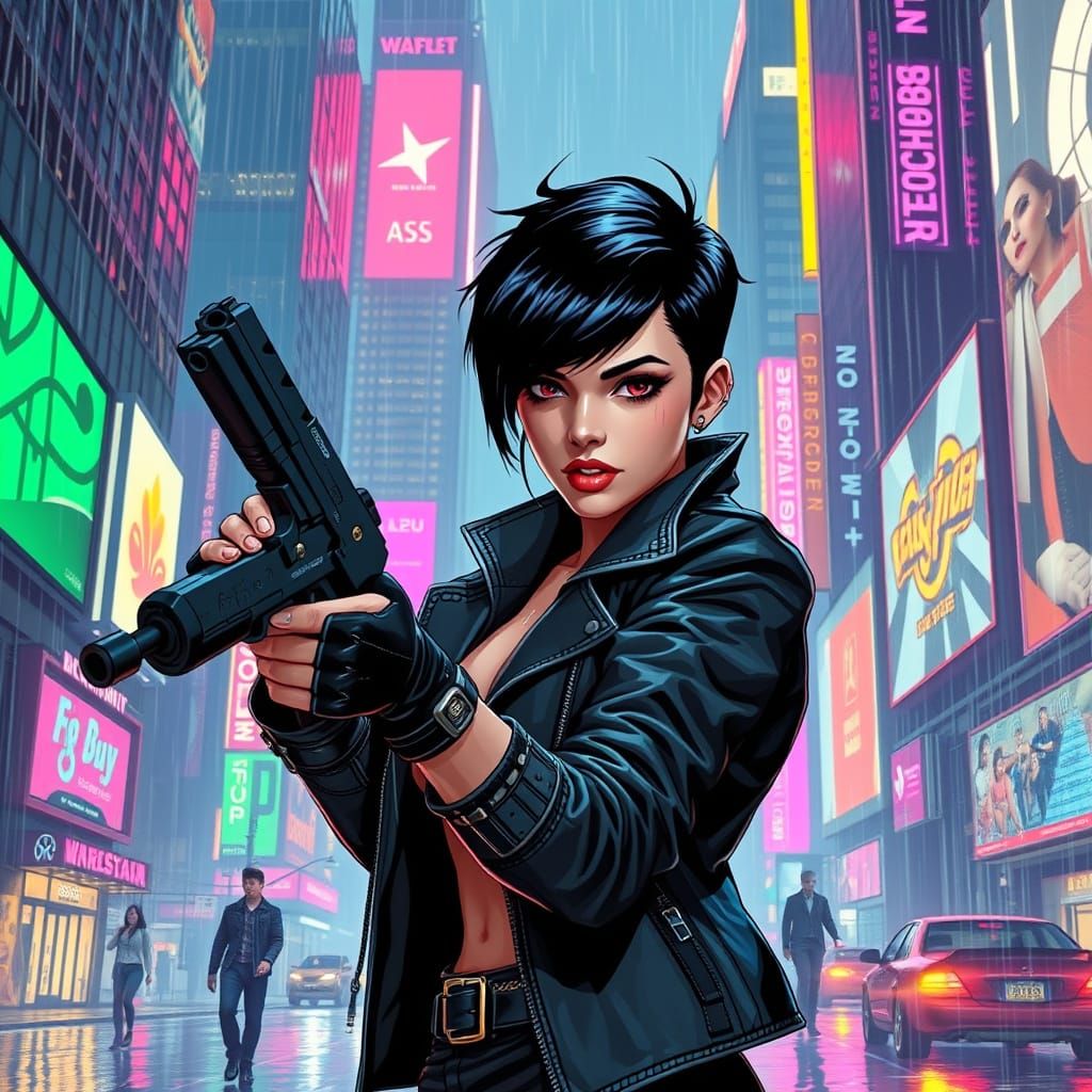 Cyberpunk Rebel in Neon Cityscape