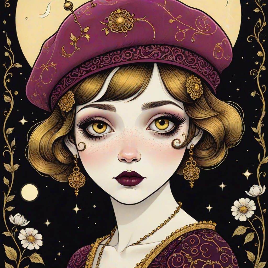 Emo Goth Girl in Raspberry Beret: Macabre Cartoon