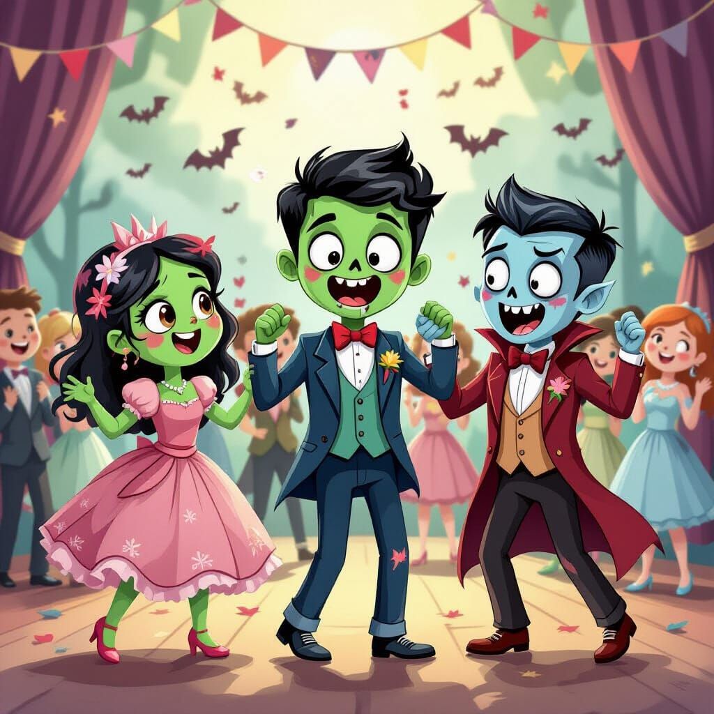 Undead Zombies Joyfully Dance at Prom in Storybook Style