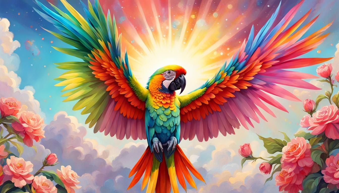 Radiant Parrot with Crystalline Wings in Flight