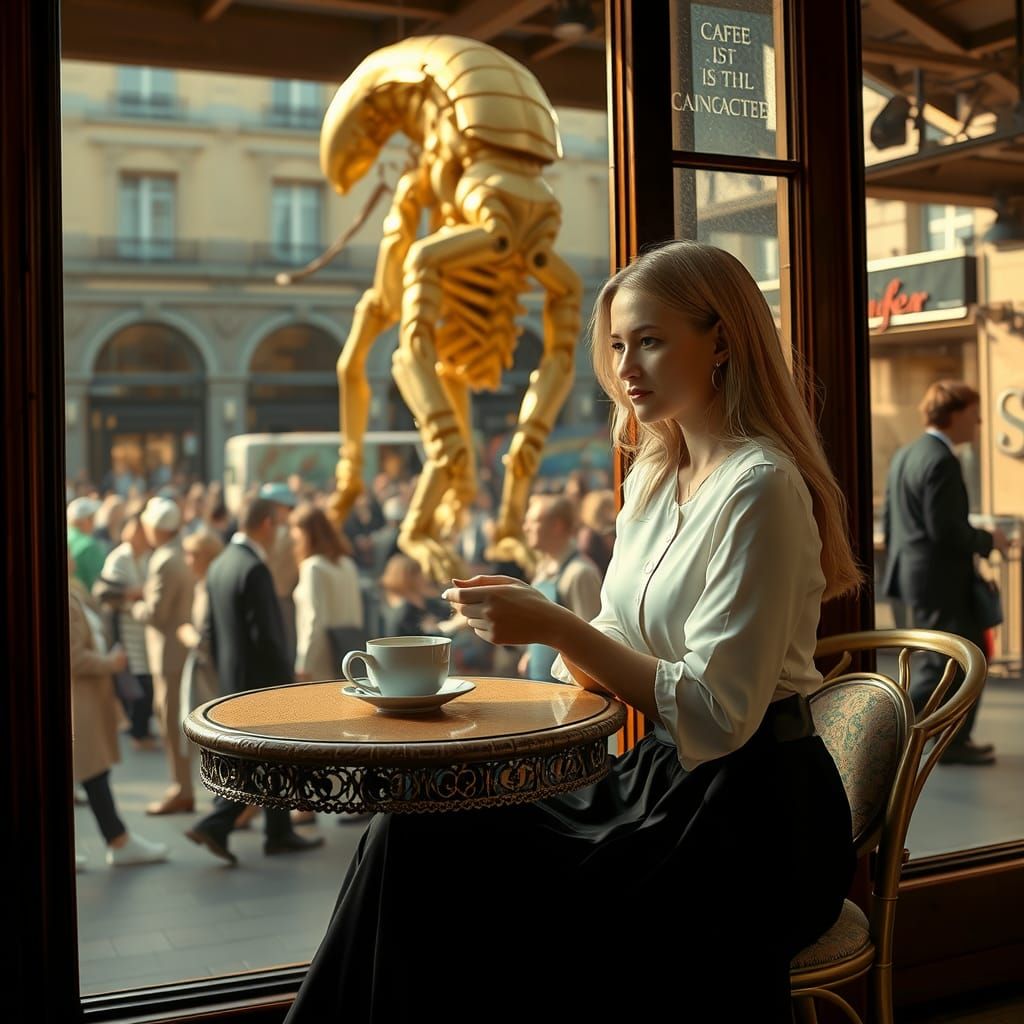 Cafe Scene with Giger Xenomorph Statue