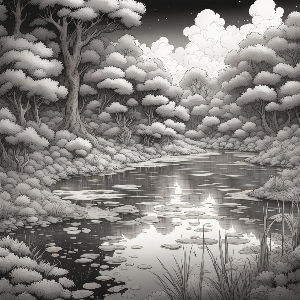 Vintage Manga Style Pond Drawing in Black and White