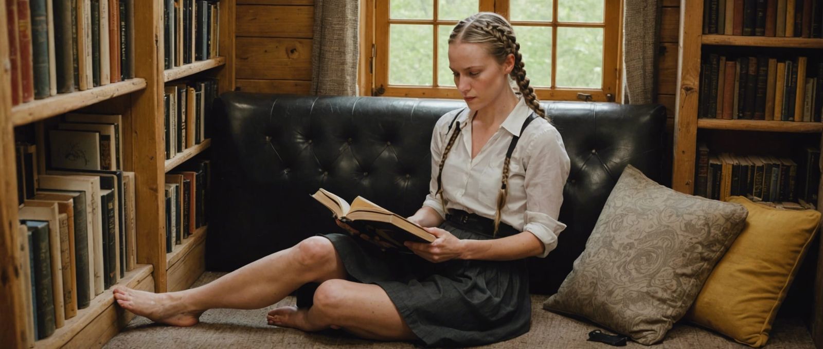 Cabin Library Scene with Woman Reading