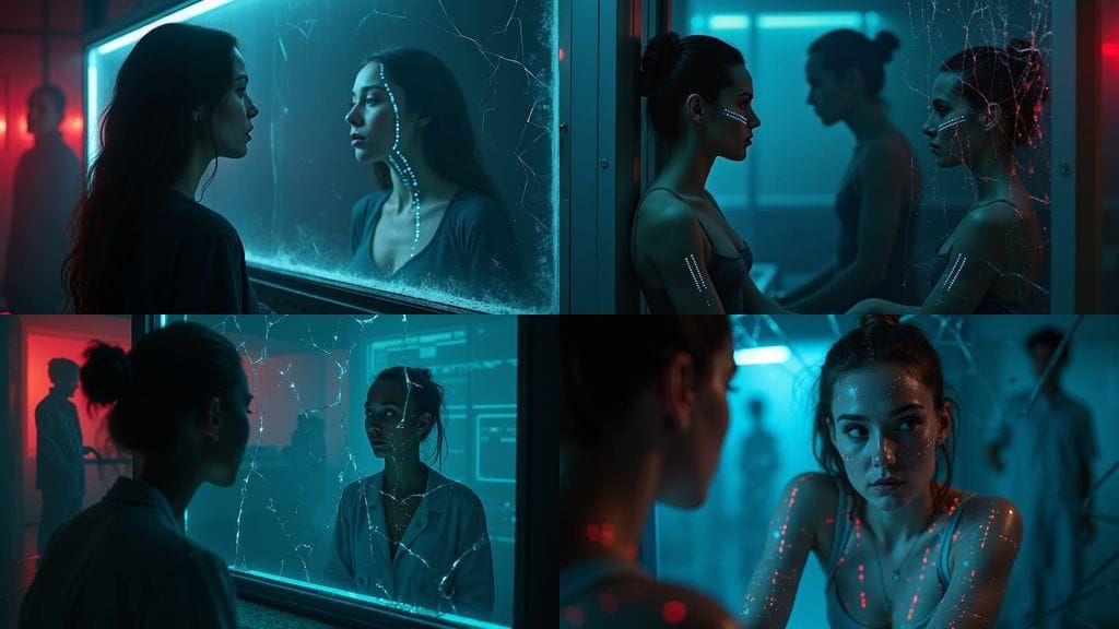 Mysterious Sci-Fi Poster: Woman's Digital Reflection