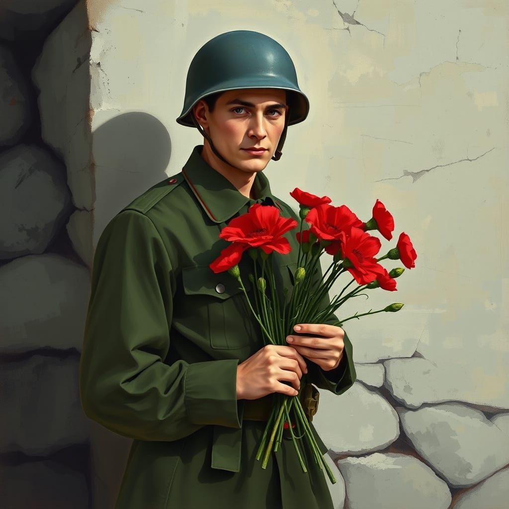 Soviet Soldier in Red Carnations, Minimalist Art