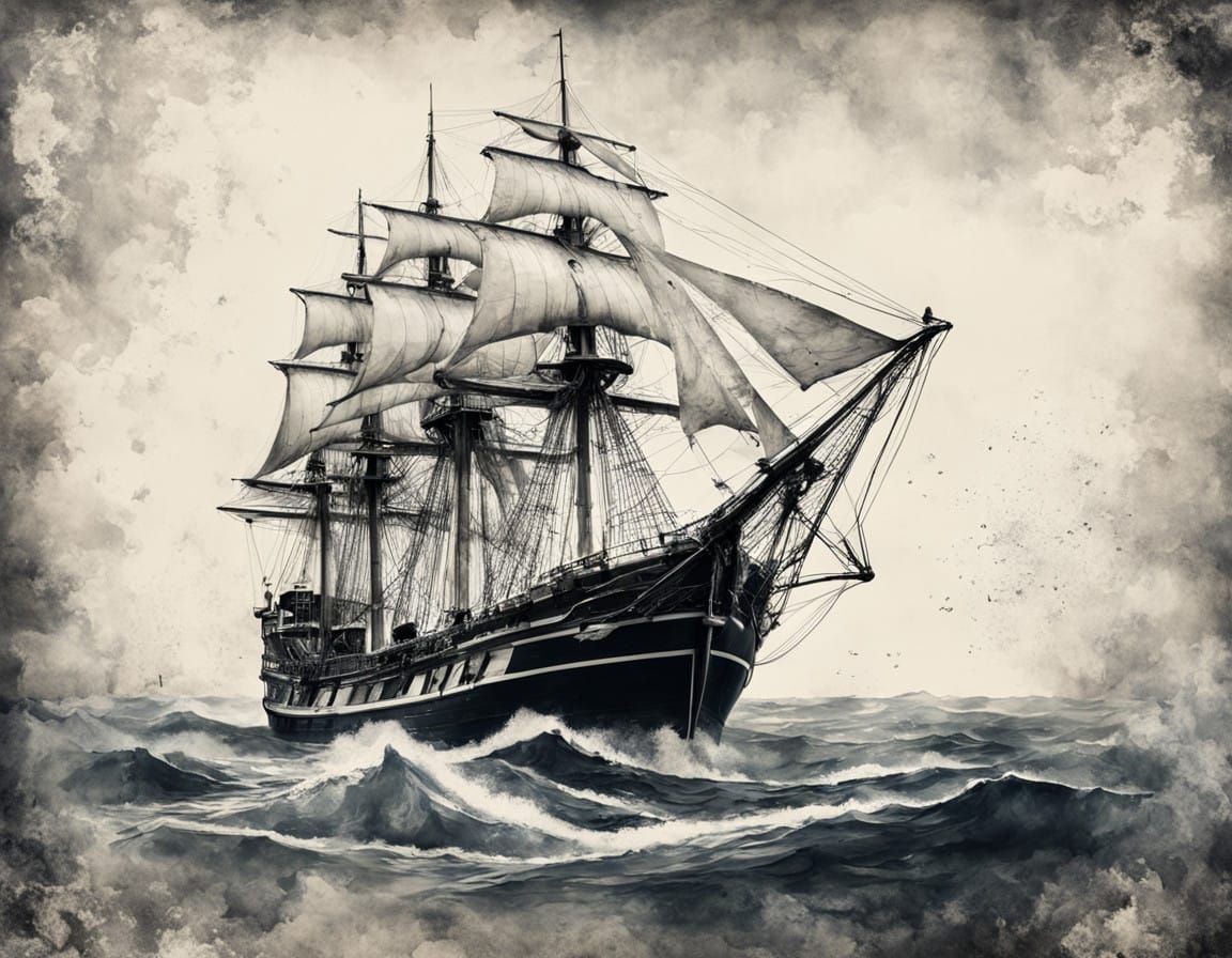 Vintage Sailing Ship Surrounded by Tentacled Monochrome Maje...