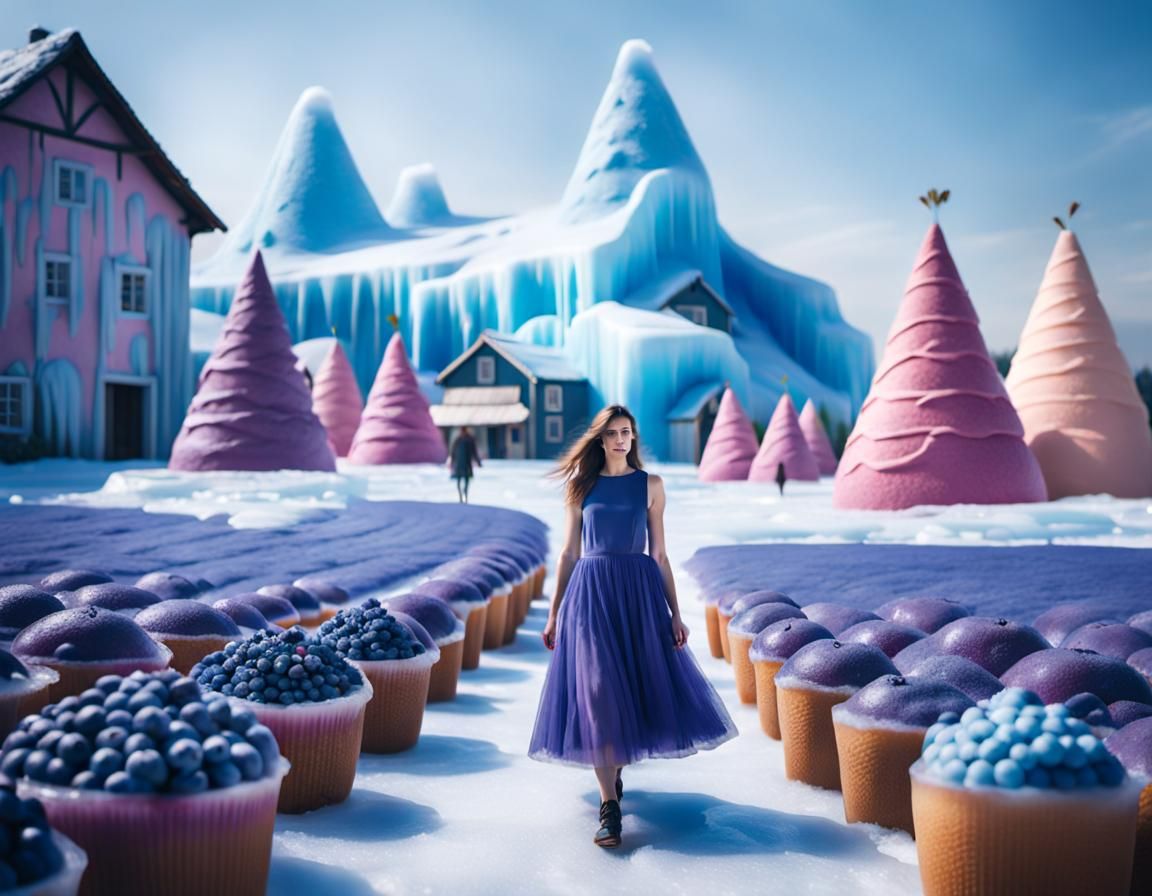 Woman in Blueberry Dress in Ice Cream World
