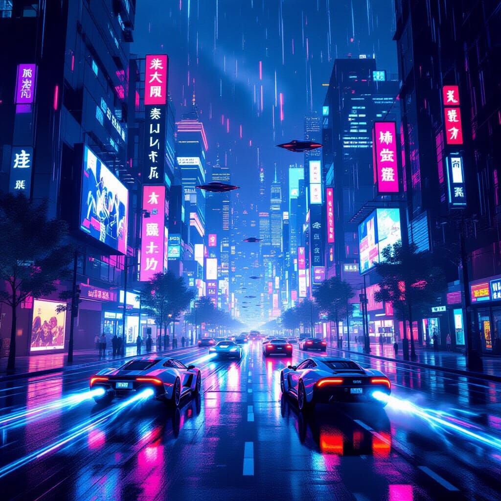 Futuristic Cityscape in Summer Rain, Pixelcore Style