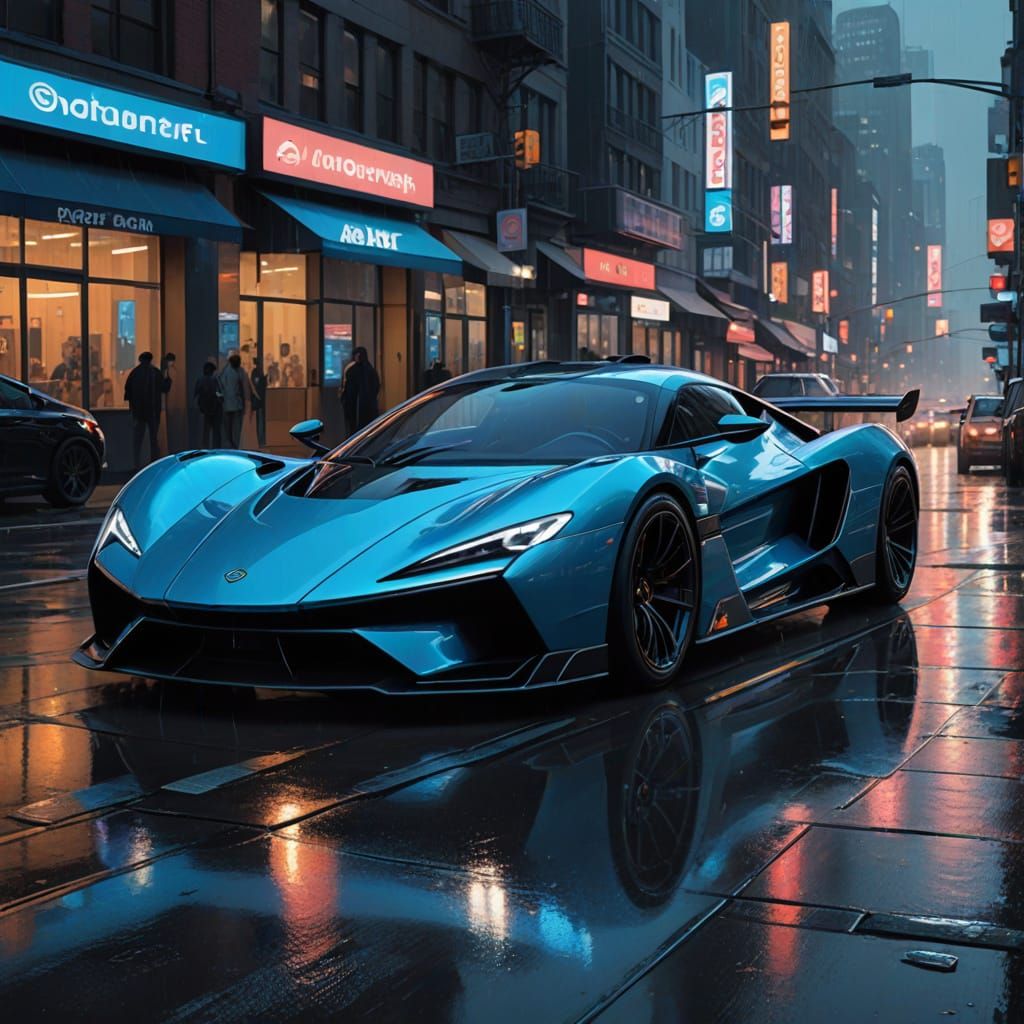 Futuristic Matte Black Sports Car Under Holographic City Lig...