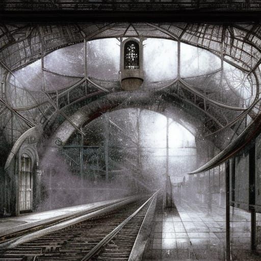 Ghostly Travelers in Liminal Train Station