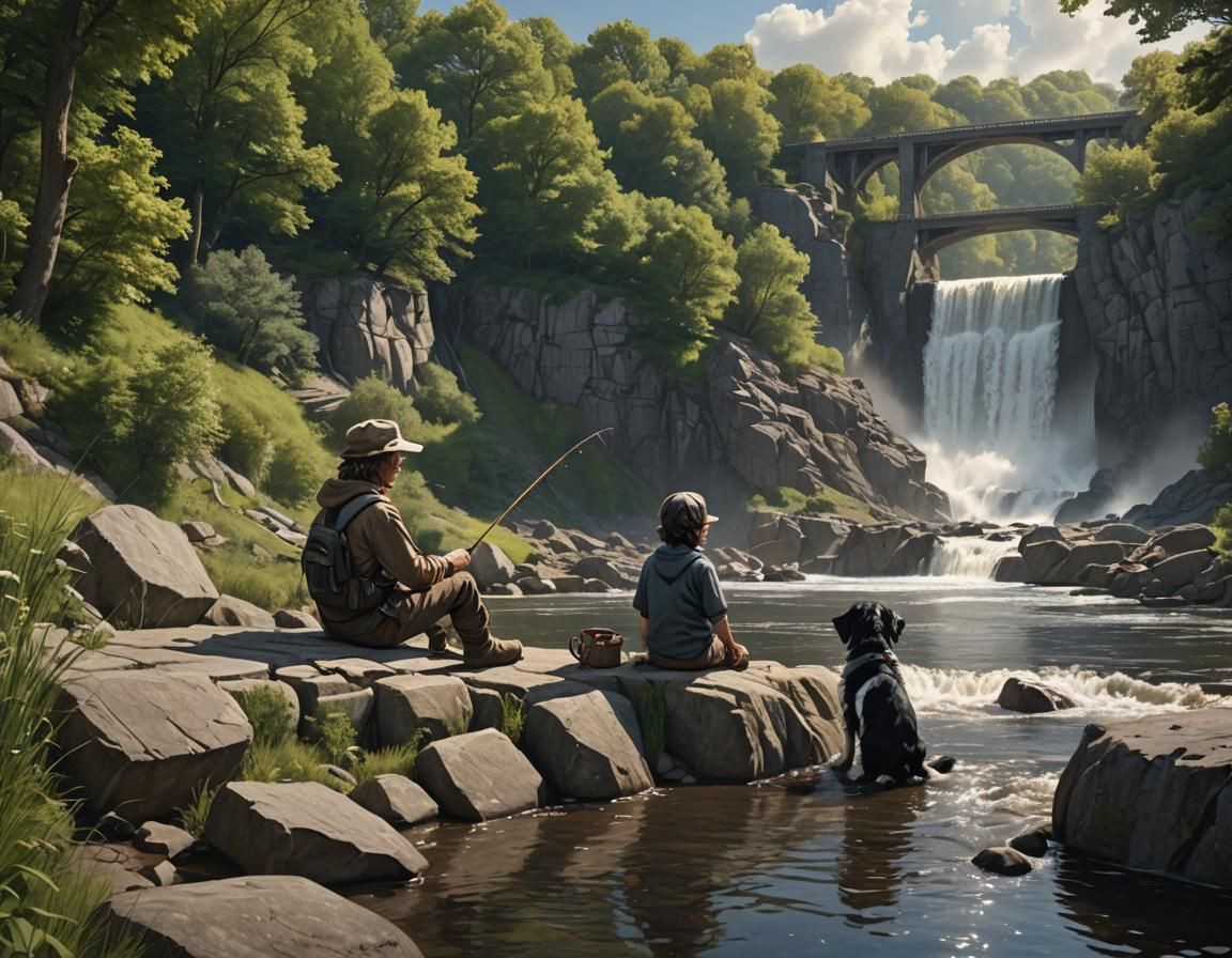 Boy Fishing with Father: Detailed Matte Painting