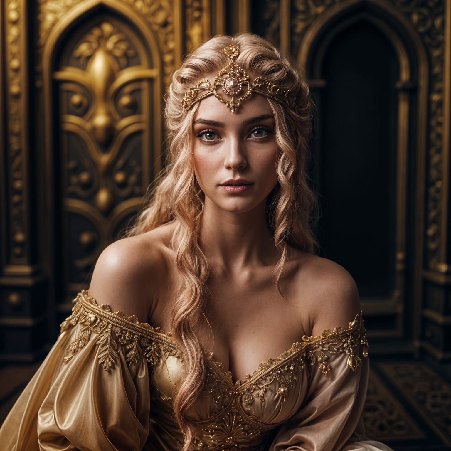 Elegant Princess in Golden Attire, Set Against Dark Castle B...