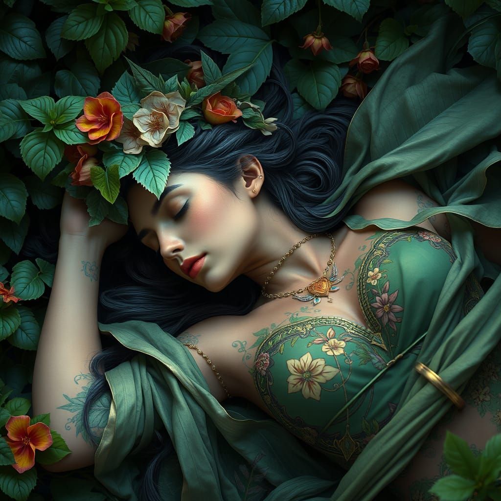Sleeping Mother Earth Portrait in Ornate Art Nouveau Style
