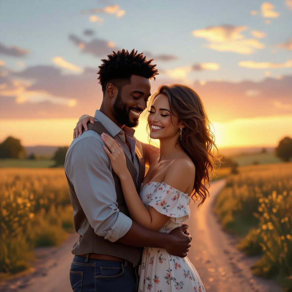 Interracial Couple Embracing on Sunset Country Lane