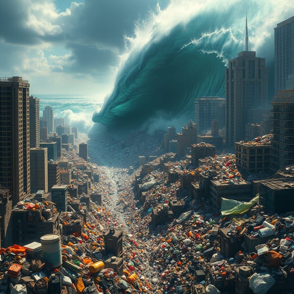 A Futuristic Metropolis Consumed by a Tsunami of Garbage