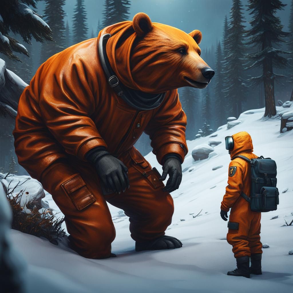 Hazmat Character Confronts Bear in Cold Landscape