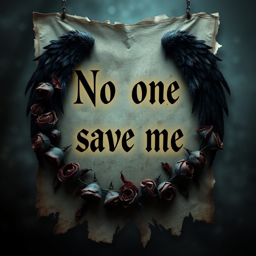 Distressed Banner with Haunting Message and Withered Roses