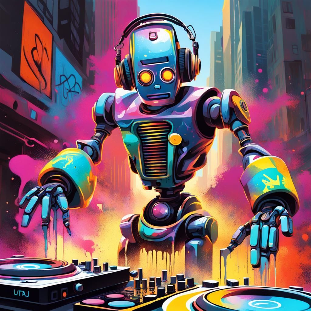 Futuristic Robot DJ in Graffiti Street Art