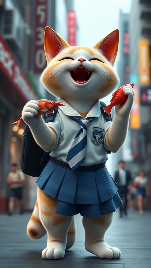 Realistic Anthropomorphic Cat on City Street in Futuristic S...