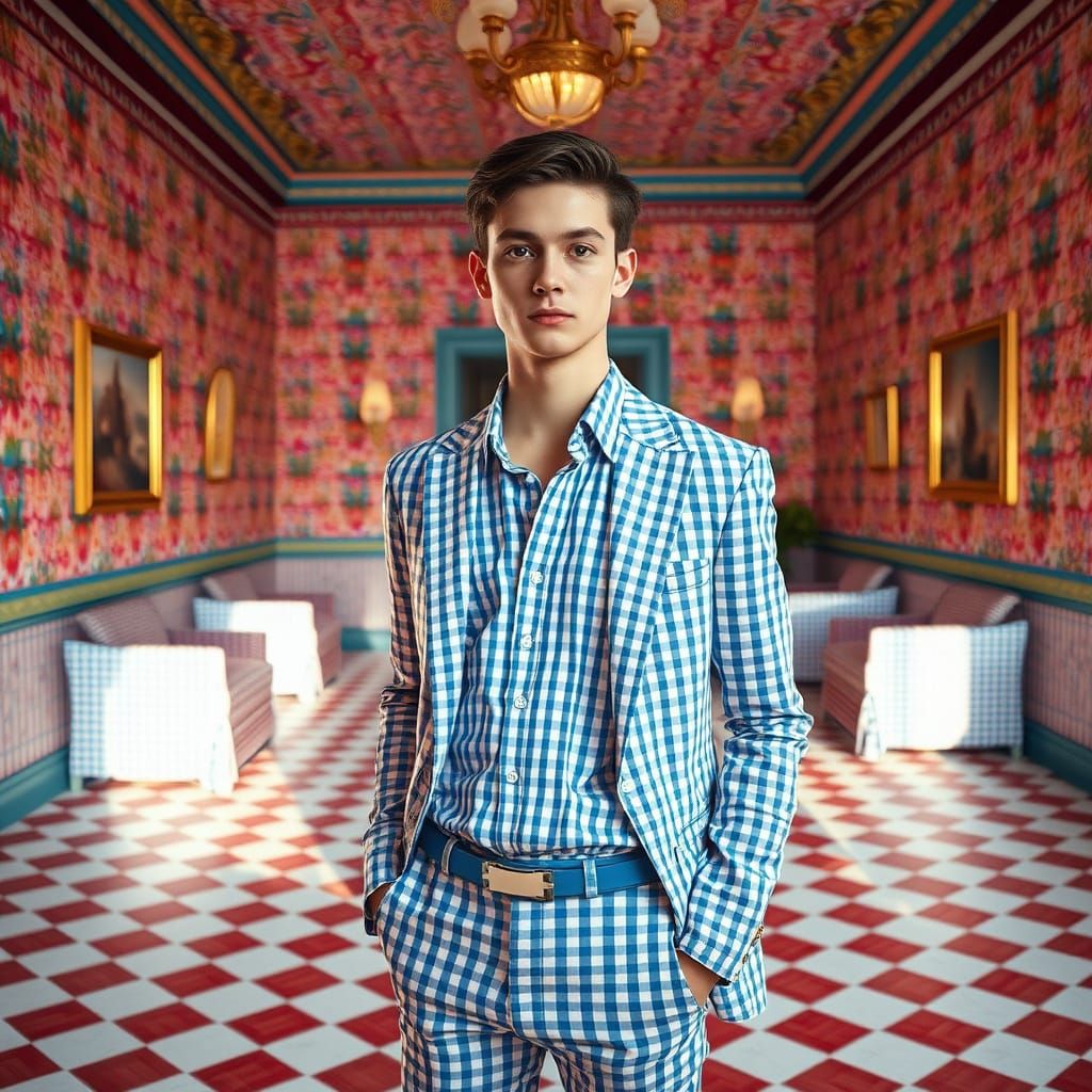 Confident Gentleman Surrounded by Whimsical Gingham Patterns