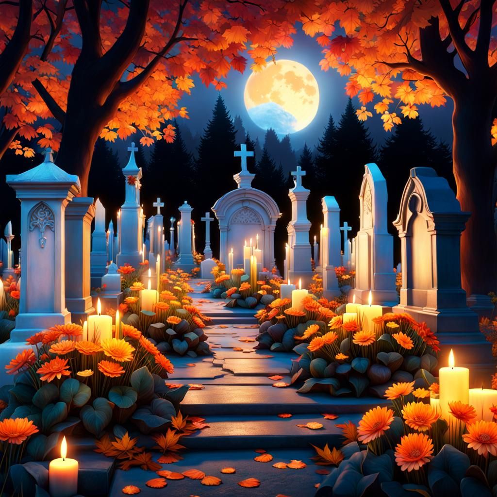 Dreamlike Autumn Cemetery at Night in Art Nouveau Style