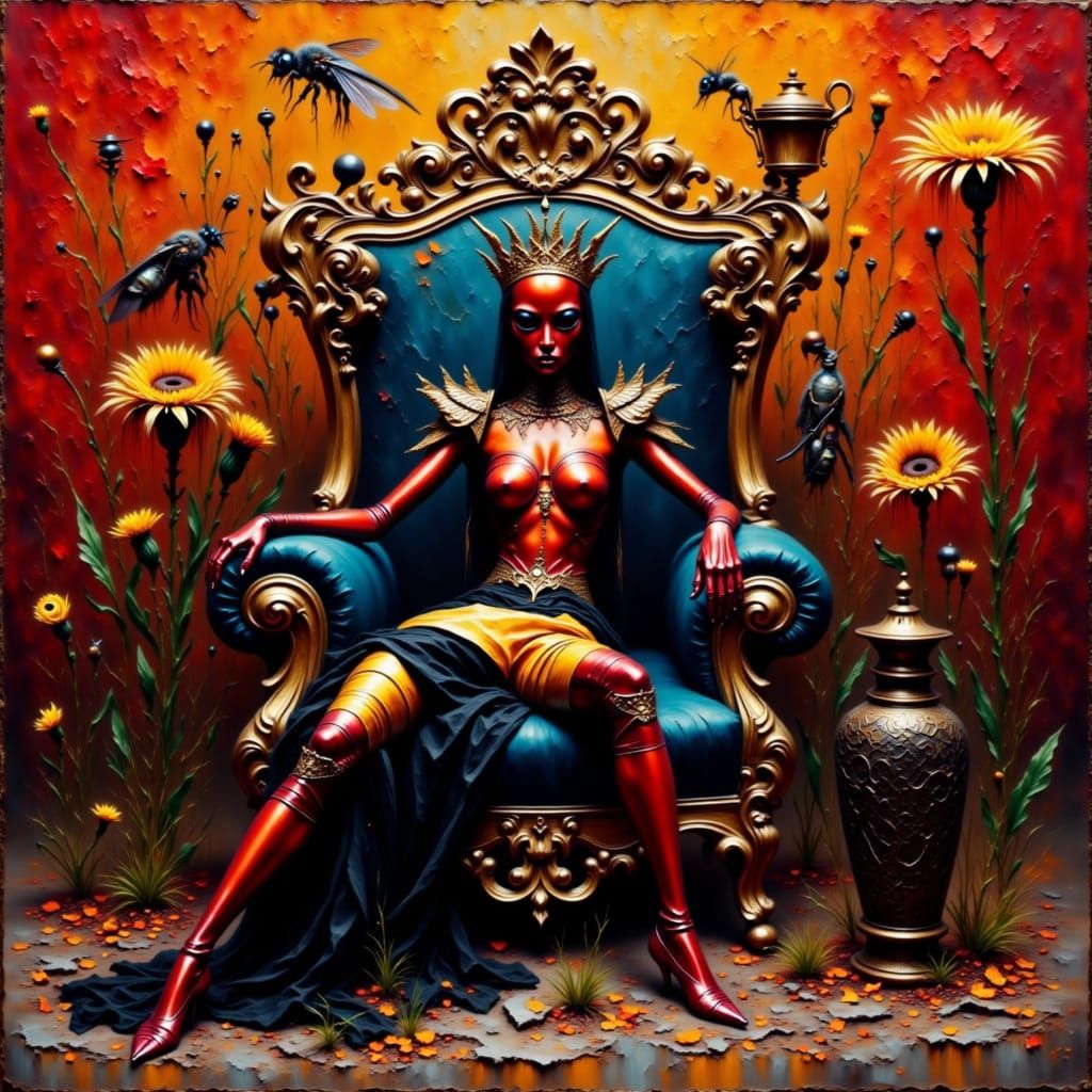 Surreal Queen Bee in a Dark, Ornate Garden