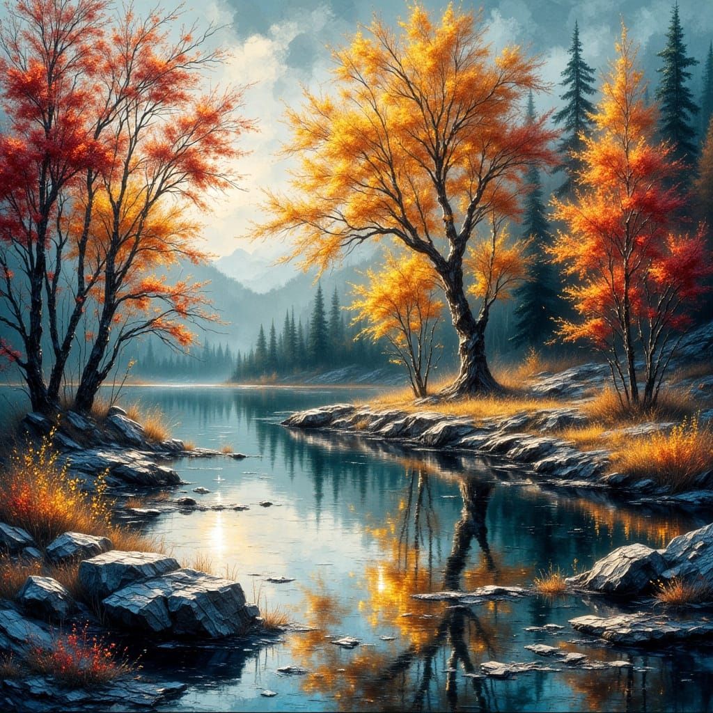 Autumn Village Lakeside with Falling Leaves