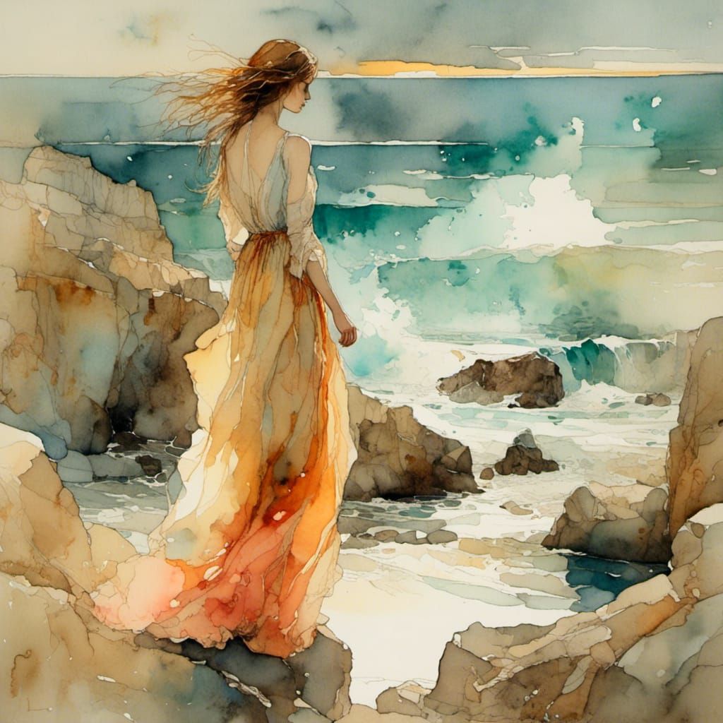 Ethereal Watercolor: Woman on Adriatic Coast at Sunset
