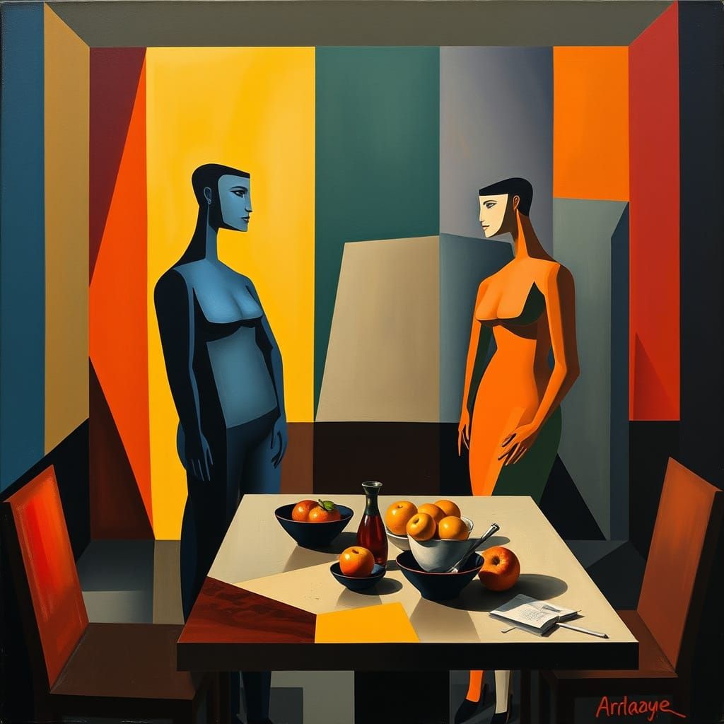 Cubist Painting of Abstract Figures in Modern Interior