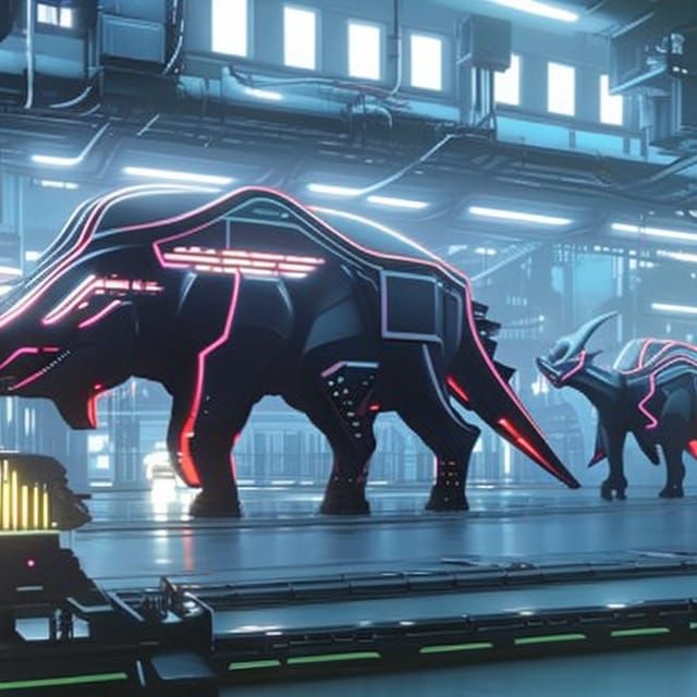 Cyberpunk Factory: Cybernetic Triceratops Assembly Line
