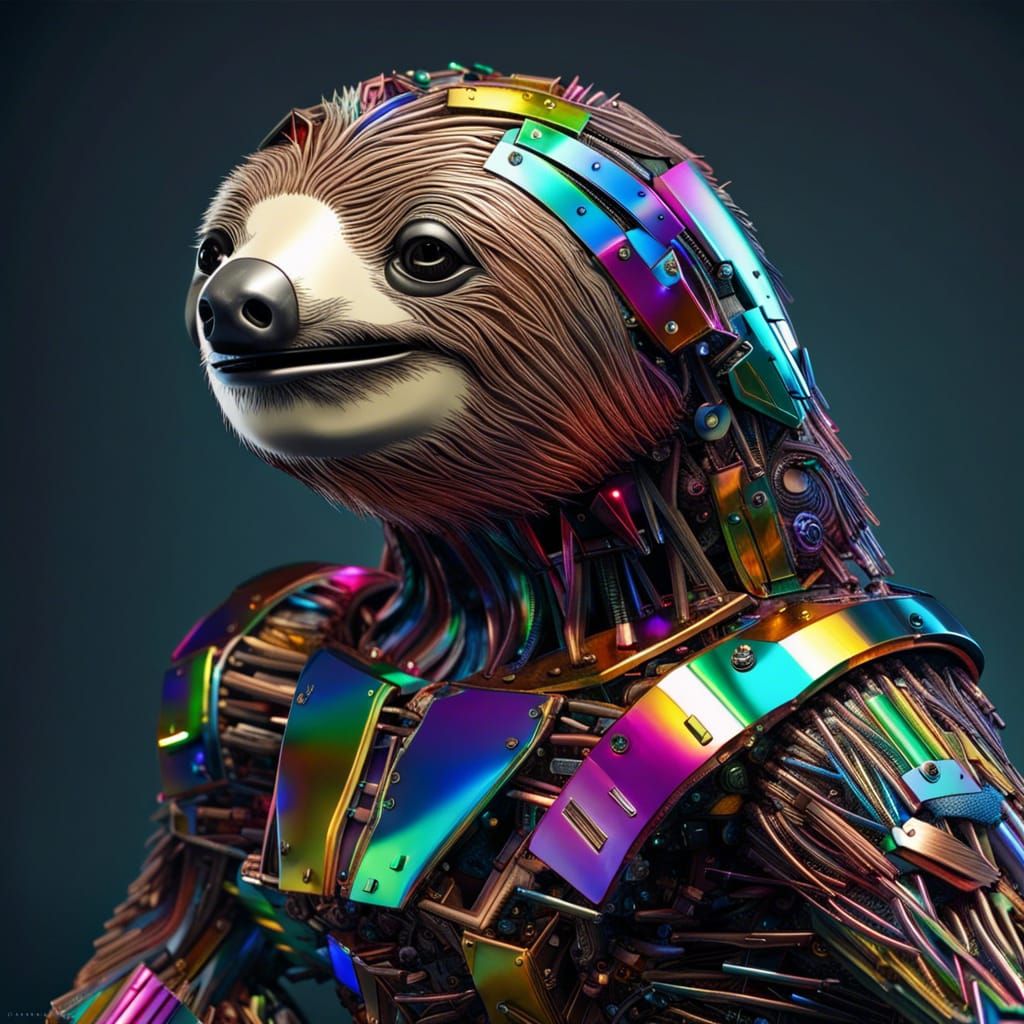 Iridescent Robot Sloth in Jungle Landscape