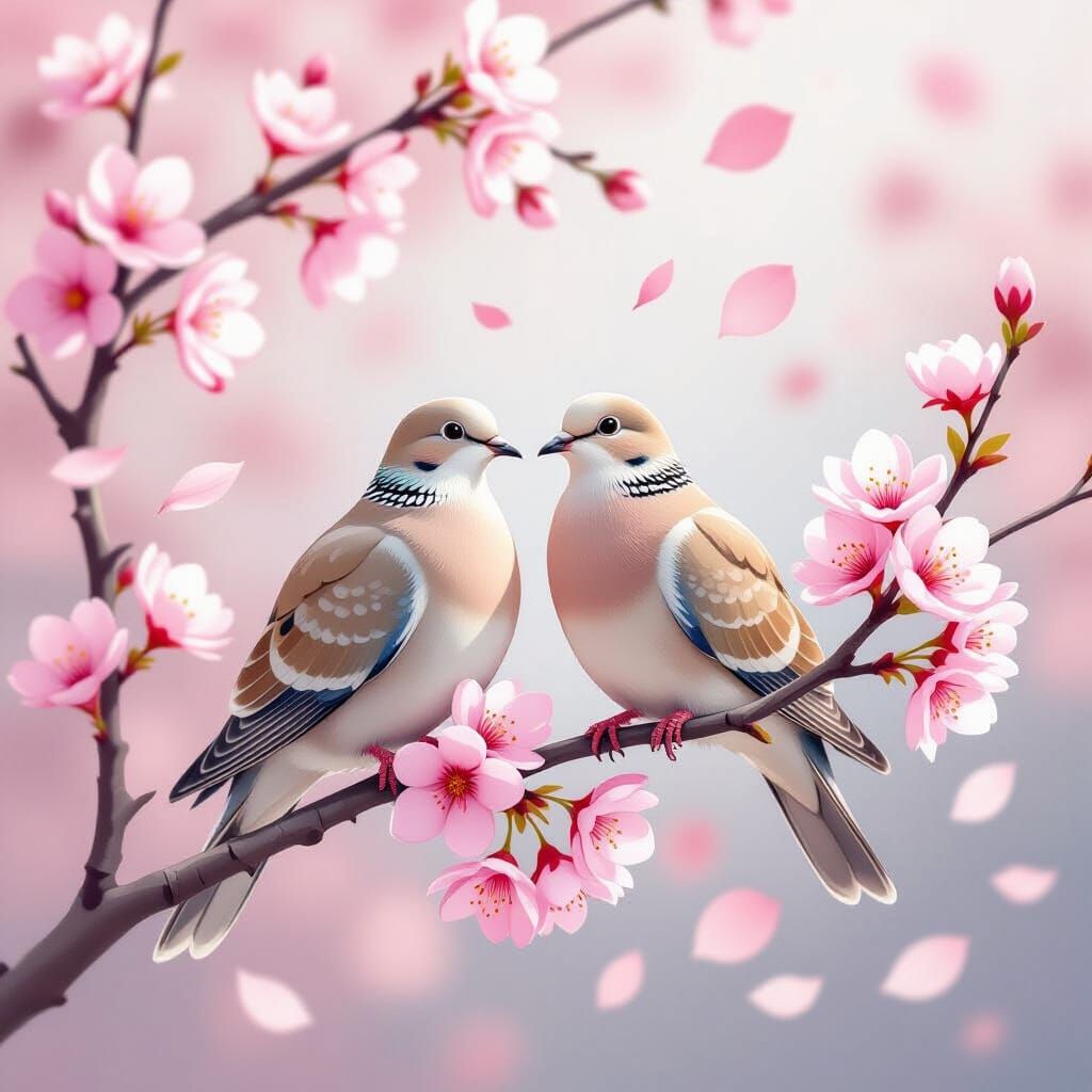 Doves on Cherry Blossom Branch in Modern Illustration Style