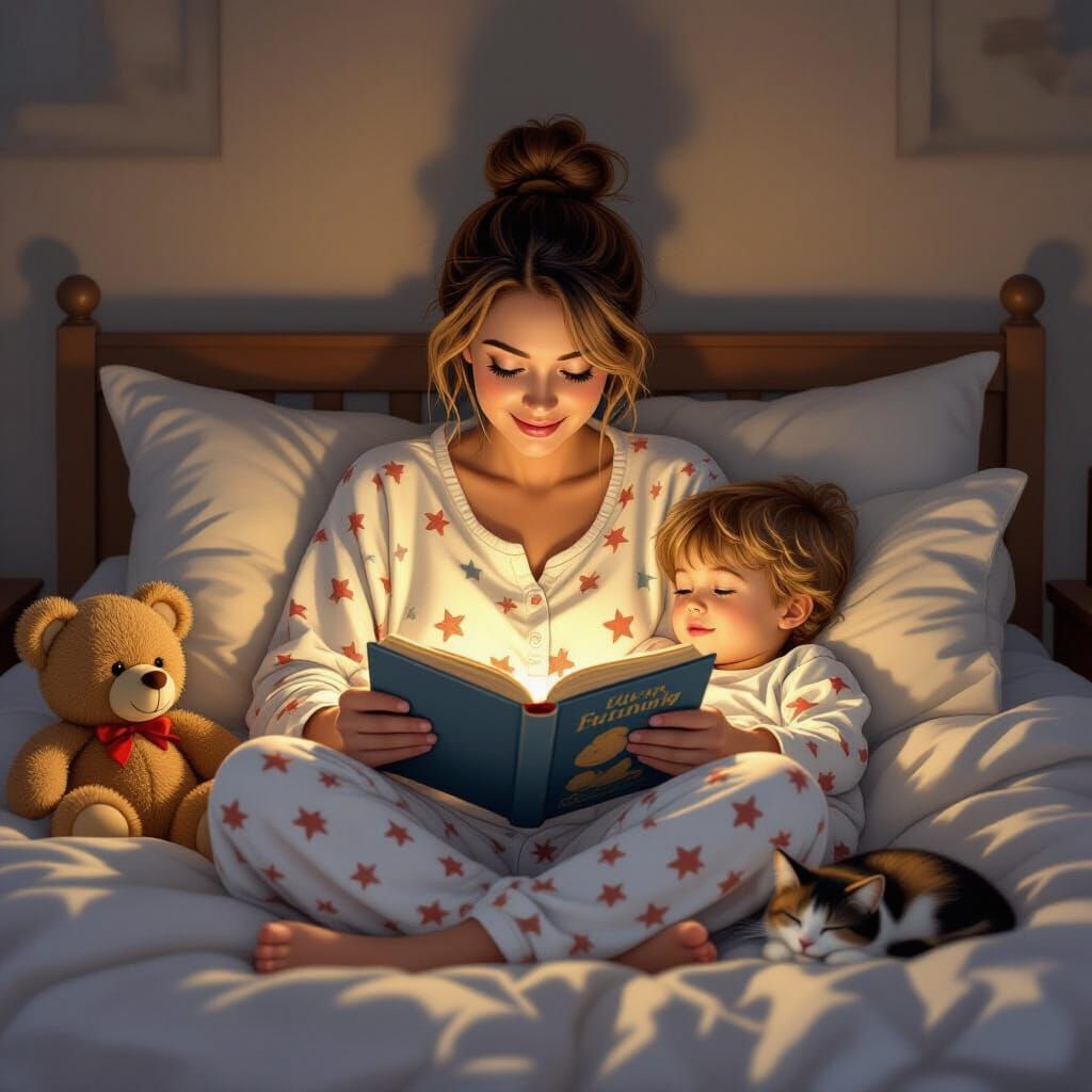 Bedtime Story: Mother and Children in Cozy Scene