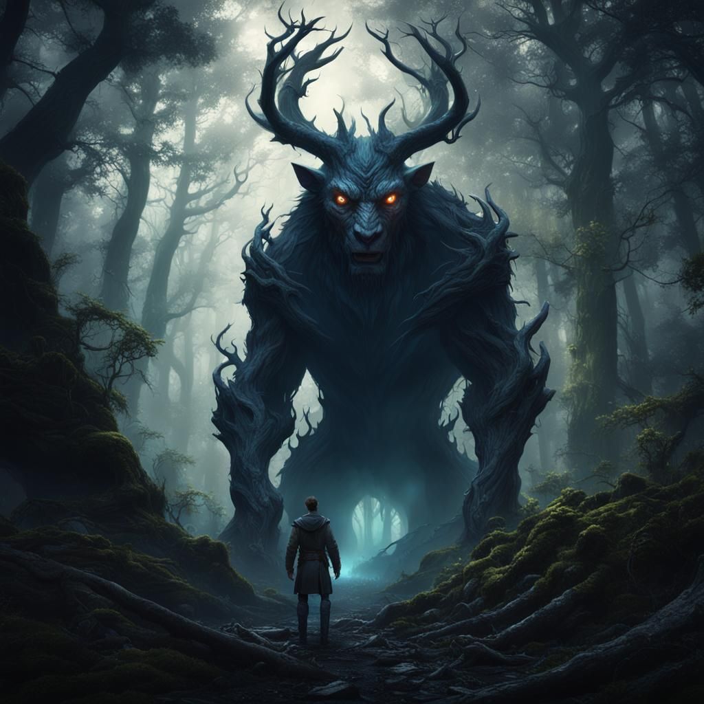 Eerie Shadow Beast in Dark Forest: Fantasy Art