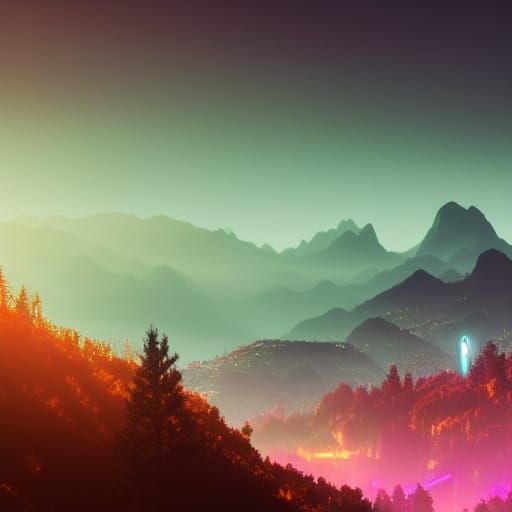 Neon Mountain Landscape in Cyberpunk Style